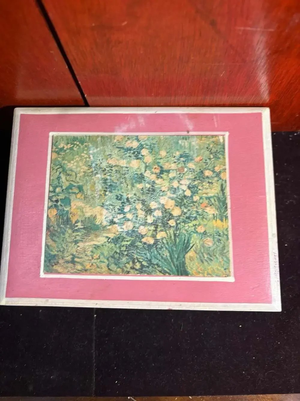 Vintage Handcrafted Wooden Trinket Box and Vincent van Gogh Rose Bushes Print